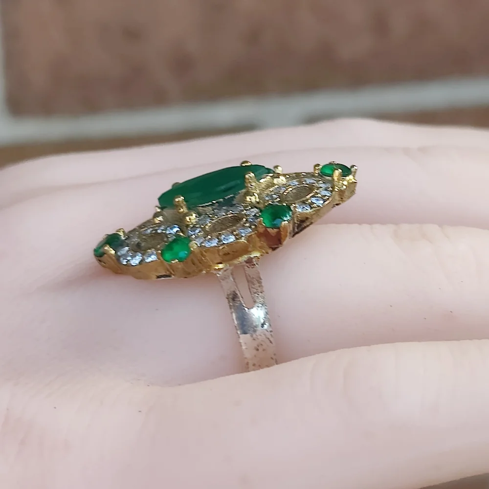 Vintage Sterling Silver Green Emerald And White Topaz Ring